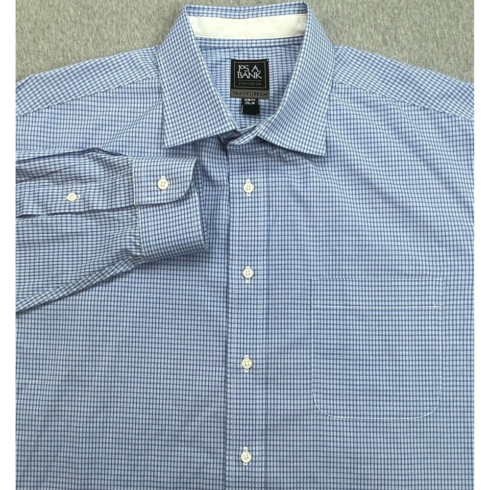 Jos A Bank Shirt Mens 17.5 - 34 Check Cotton Blend Stretch Travel Tech Button Up